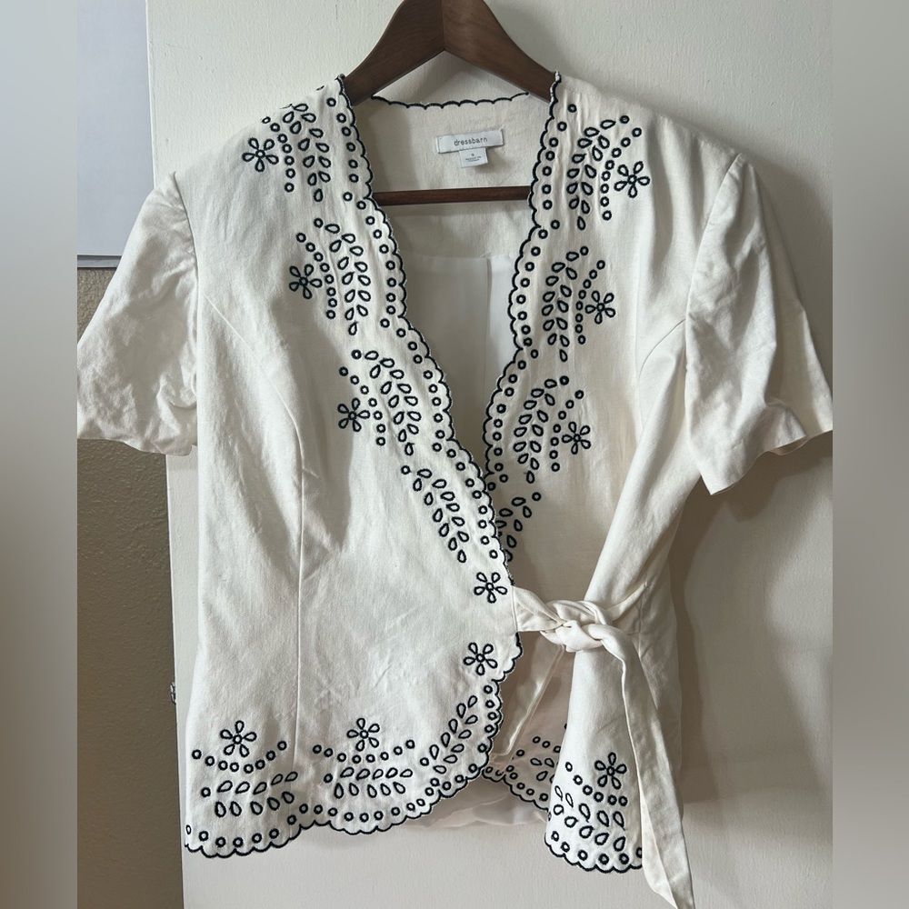 Dress Barn Linen Blend Cream Embroidered Cardigan Sz8 Chic Minimalist Classic